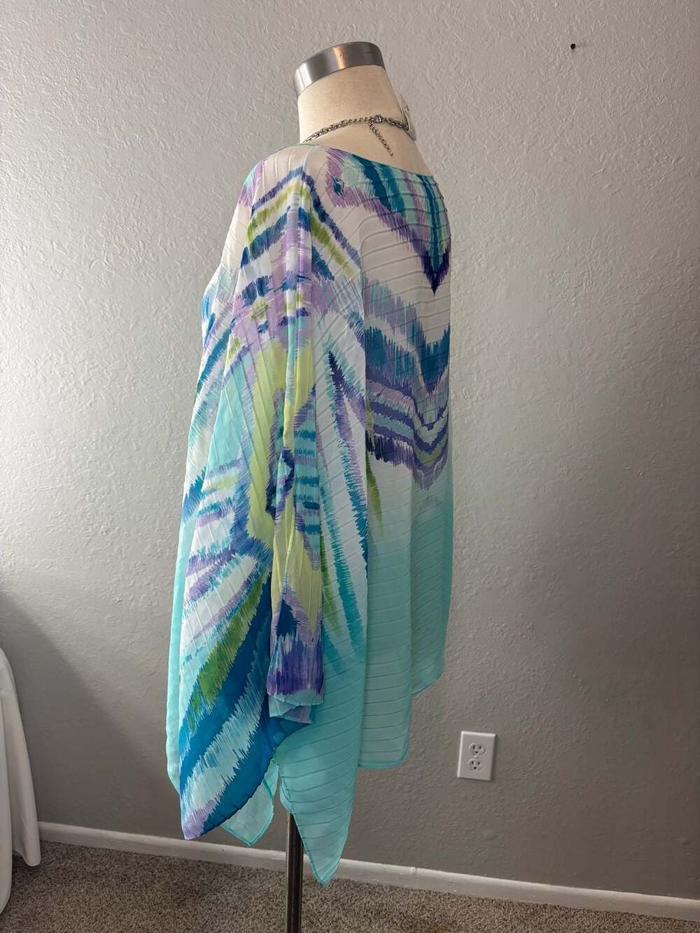 Chico's Abstract Ikat Print Pleated Chiffon Poncho Blouse - Picture 7 of 10